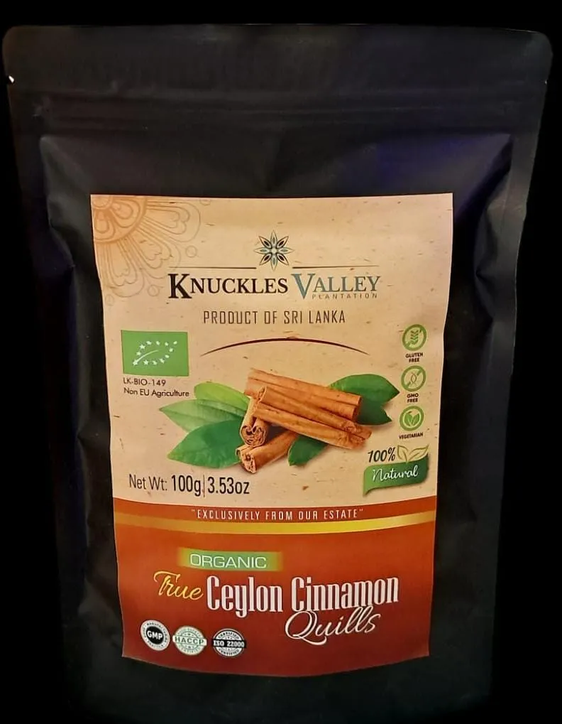 Black stand-up pouch of Knuckles Valley True Ceylon Cinnamon Sticks with a kraft paper label