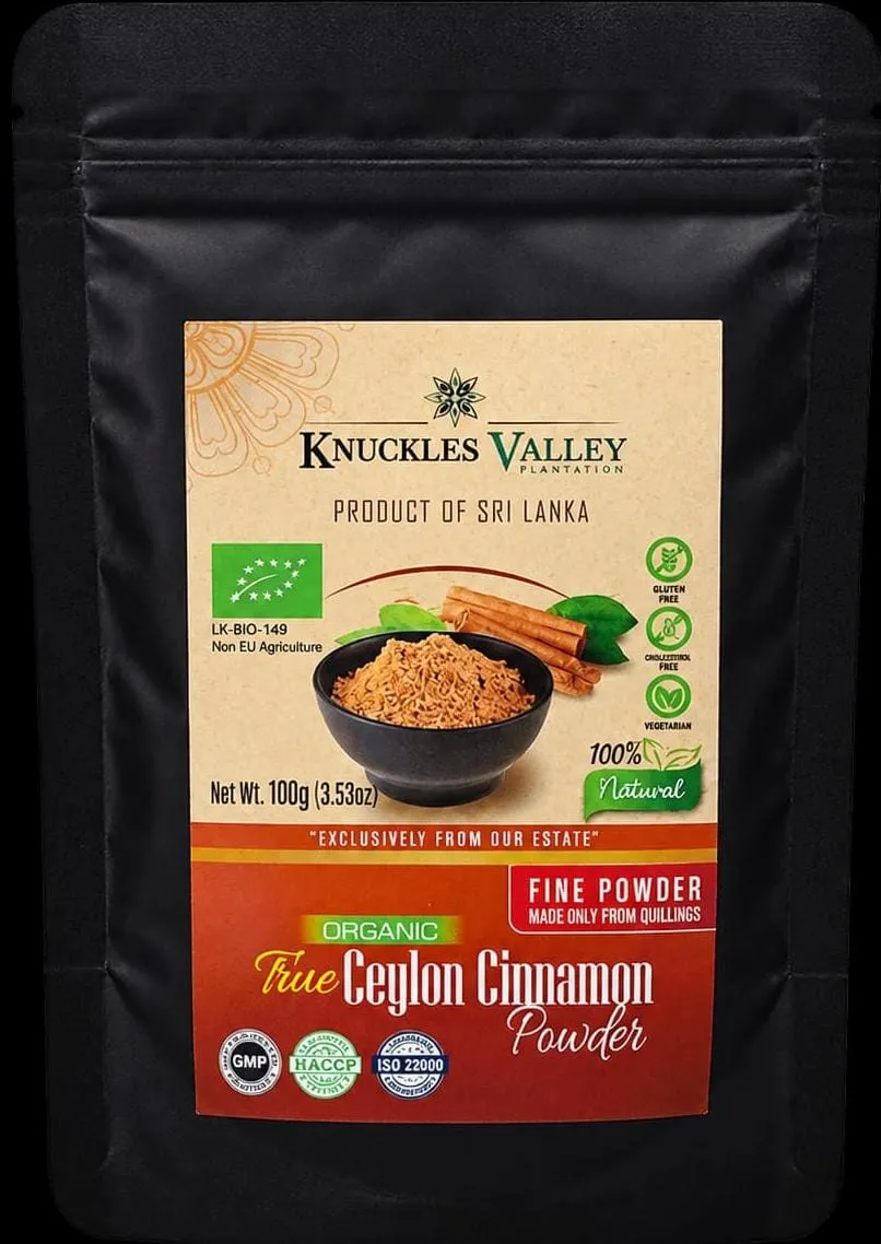 Black stand-up pouch of Knuckles Valley True Ceylon Cinnamon fine powder, labelled with a bowl of powder