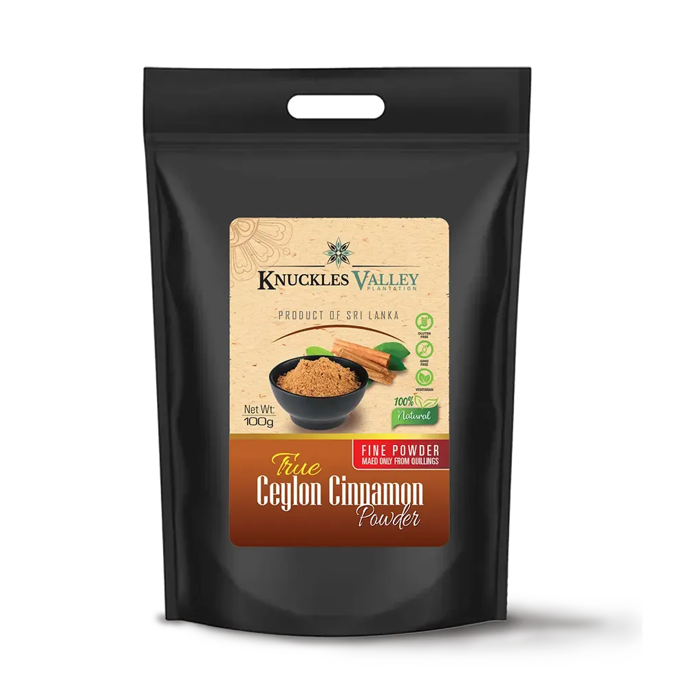Black stand-up pouch of Knuckles Valley True Ceylon Cinnamon fine powder, labelled with a bowl of powder