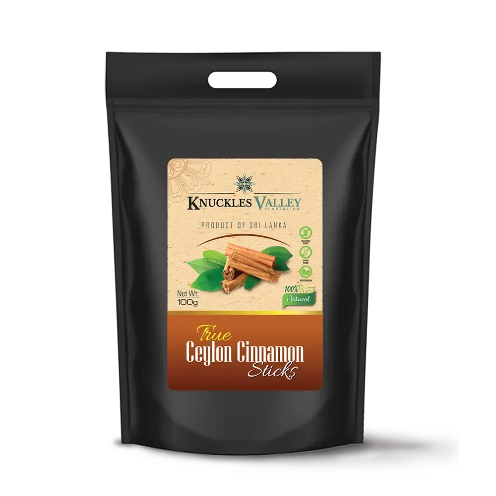 Black stand-up pouch of Knuckles Valley True Ceylon Cinnamon Sticks with a kraft paper label