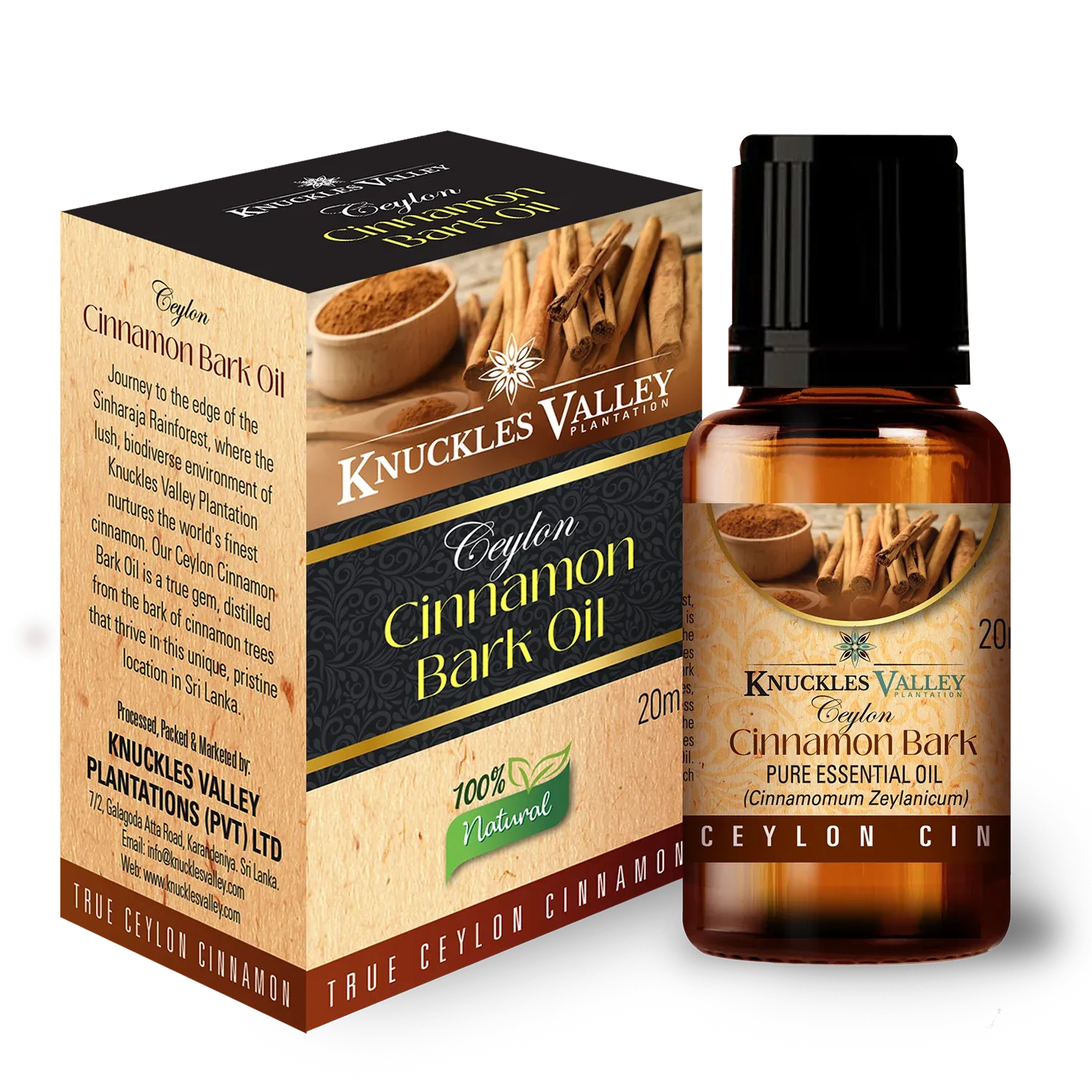 Knuckles Valley Ceylon Cinnamon Bark pure essential oil in an amber bottle beside its box