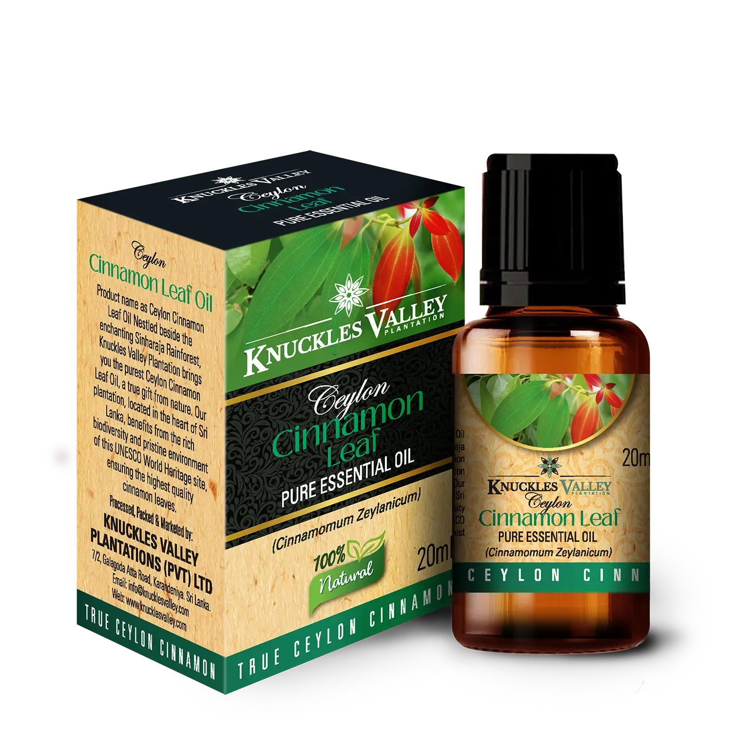 Knuckles Valley Ceylon Cinnamon Leaf pure essential oil in an amber bottle beside its green box