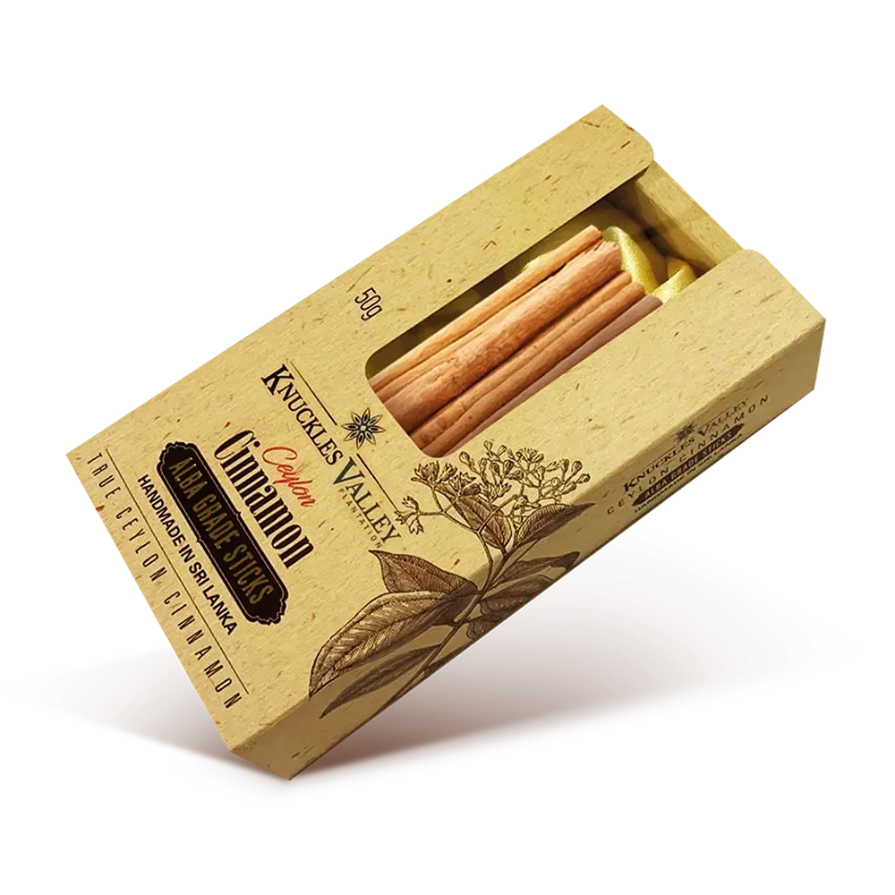 Knuckles Valley Alba Grade Ceylon cinnamon sticks in an open 50 g kraft gift box